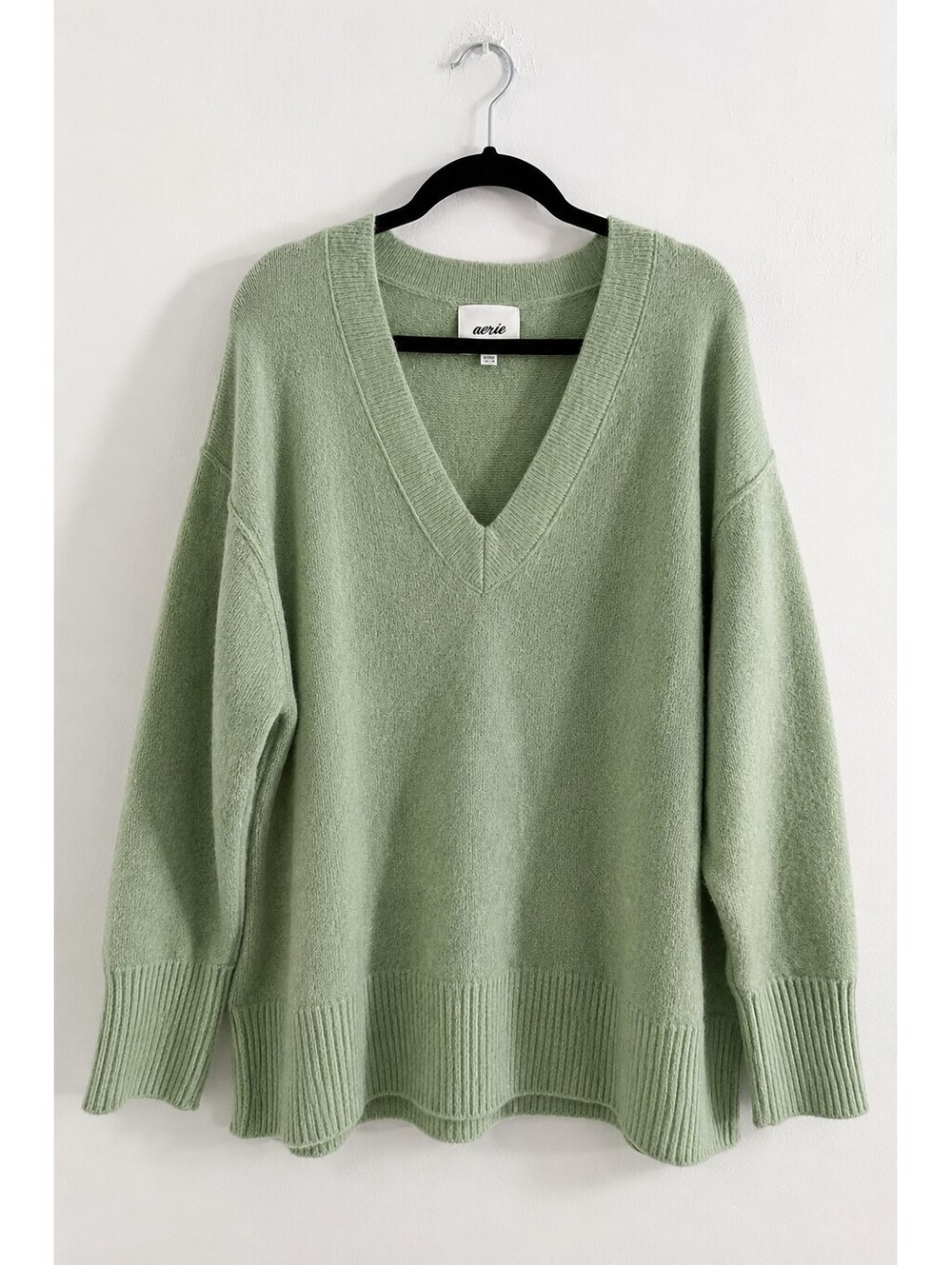 Aerie Sage Green Oversized V-Neck Cozy Knit Sweater Women’s XS
